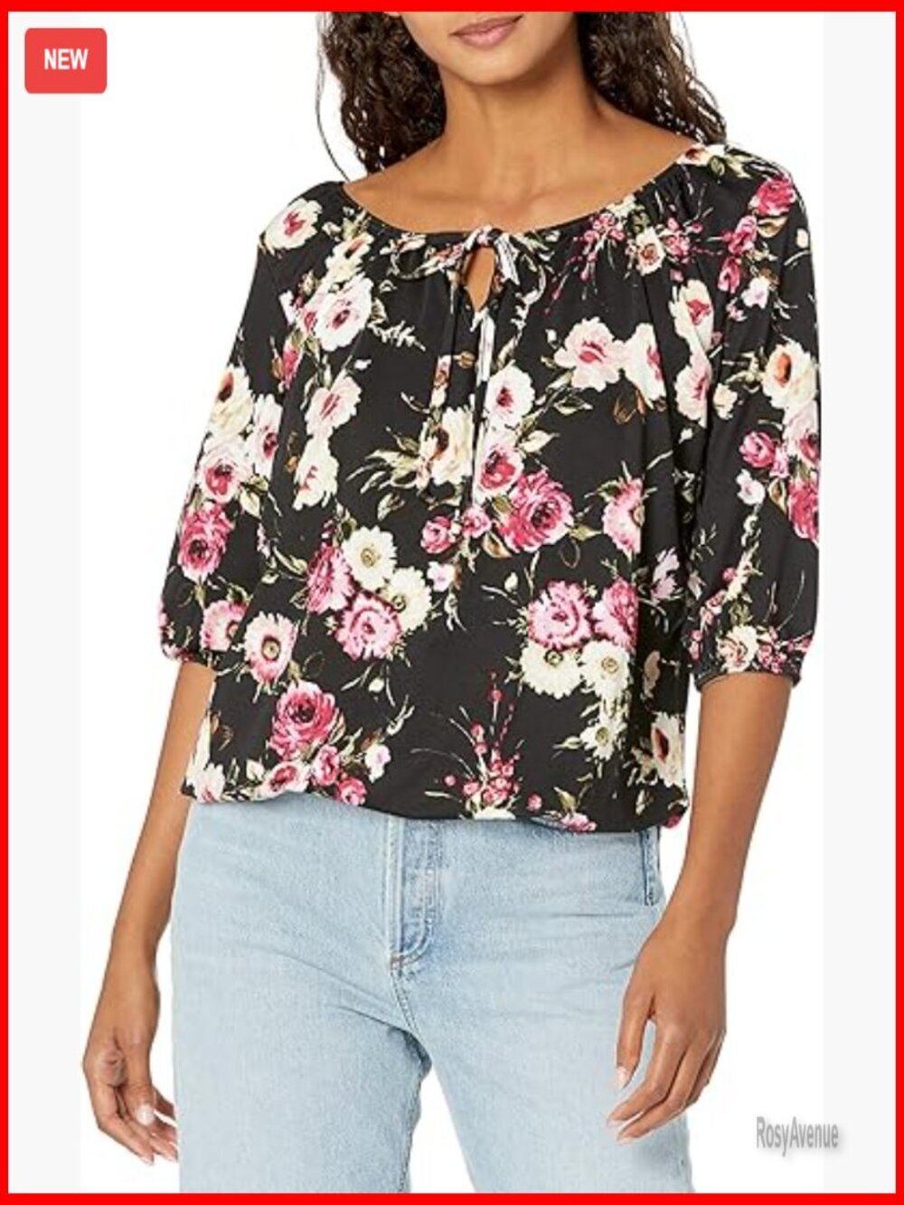 Elbow-Sleeve Peasant Top with Keyhole Tie, Loose Fit, Rayon